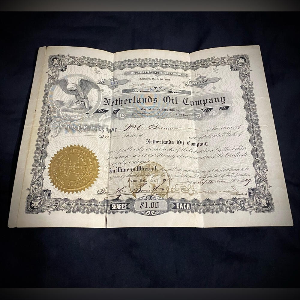 Vintage Stock Certificate - 1909